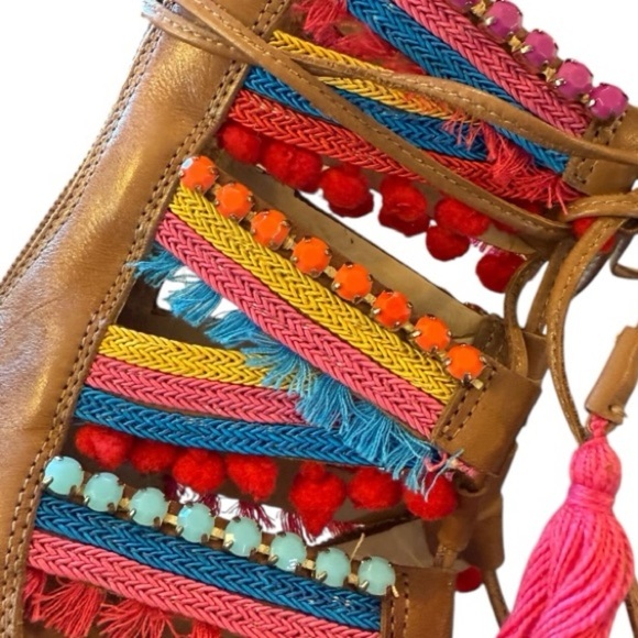 Schutz X Revolve CALLA Lace-Up Multi-Color Tassel Bamboo Brown Block Heel Size 8 - Picture 5 of 16